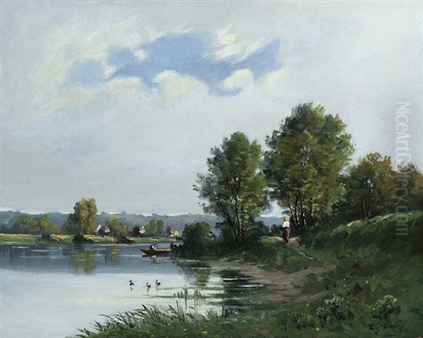 River Landscape Oil Painting by Eugene Ciceri