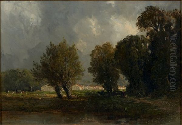 Etang Anime Sous Un Ciel D'orage Oil Painting by Eugene Ciceri