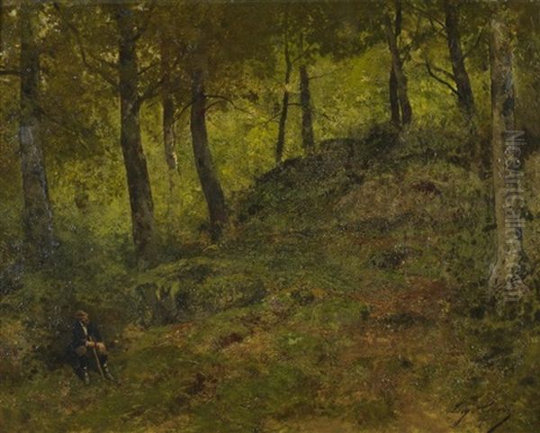 Peintre Dans La Foret De Fontainebleau Oil Painting by Eugene Ciceri