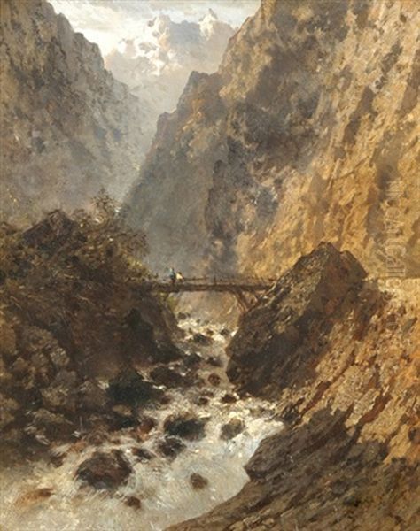 Gebirgslandschaft Mit Wildbach, Brucke Und Personenstaffage Oil Painting by Eugene Ciceri