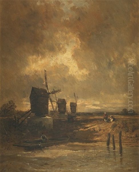 Les Moulins A Vent En Holande Oil Painting by Eugene Ciceri