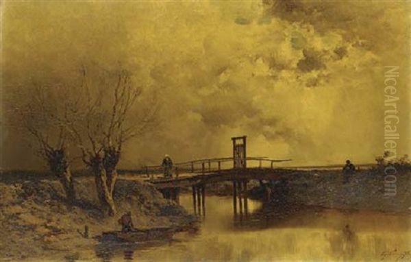 Figures By A Wooden Bridge In A River Landscape Oil Painting by Eugene Ciceri