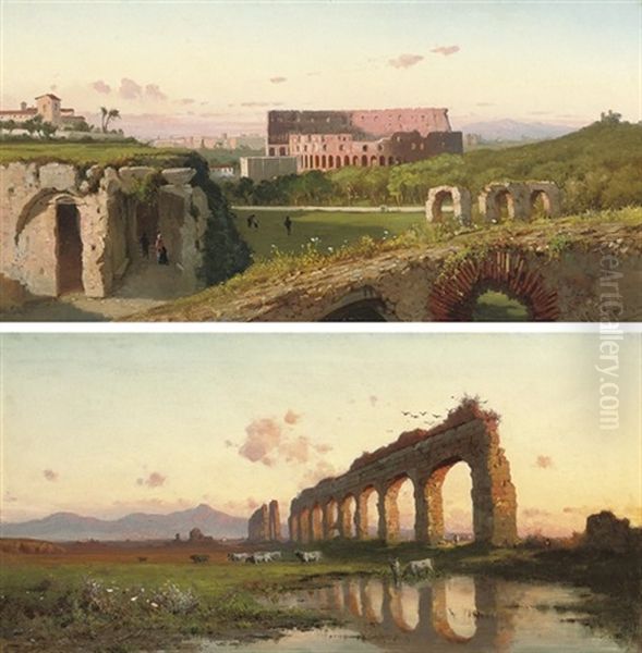 Before The Colosseum (+ Ruins On The Roman Campagna; Pair) Oil Painting by Henryk Cieszkowski