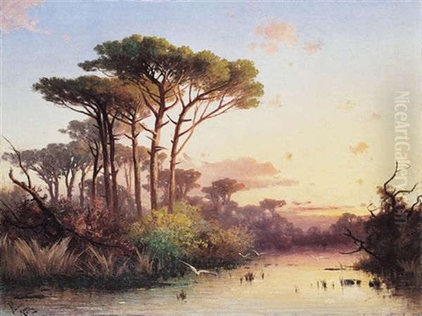 Pines By The Water Oil Painting by Henryk Cieszkowski