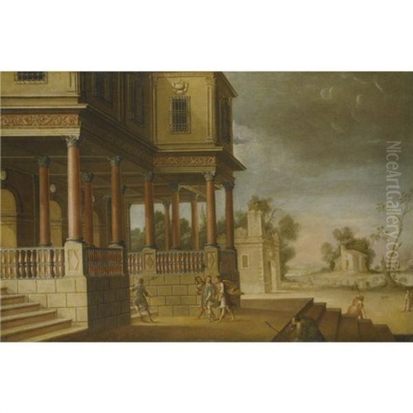 A Capriccio Landscape With Figures Returning To A Villa From The Hunt Oil Painting by Jose De Cieza