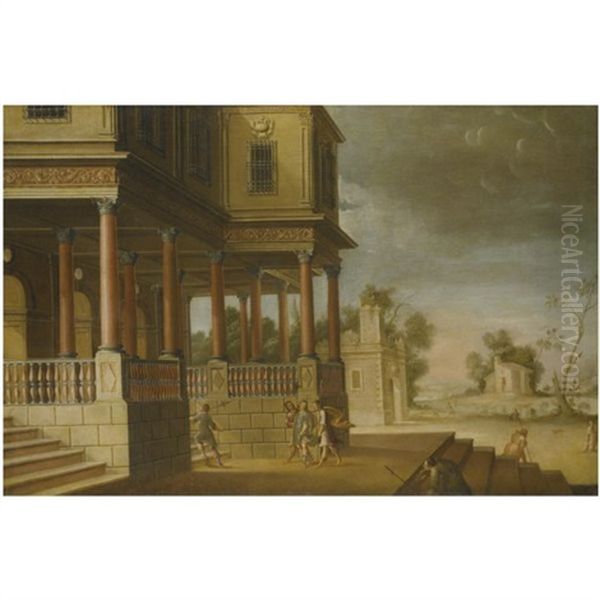 A Capriccio Landscape With Figures Returning To A Villa From The Hunt Oil Painting by Jose De Cieza