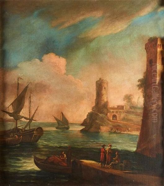 Paesaggio Con Porto E Personaggi Oil Painting by Antonio Cifrondi