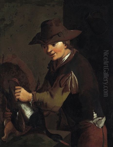 Un Giovane Con Un'oca (+ Un Giovane Con Selvaggina; Pair) Oil Painting by Antonio Cifrondi