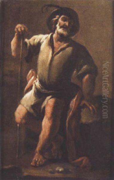 A Peasant, Holding A Staff, Seated On A Rock Oil Painting by Antonio Cifrondi