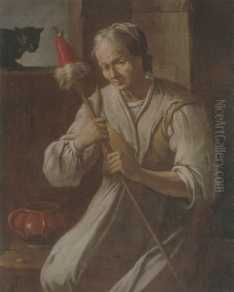 An Interior With A Seated Woman Holding A Distaff, A Black Cat On A Window Ledge Behind Oil Painting by Antonio Cifrondi