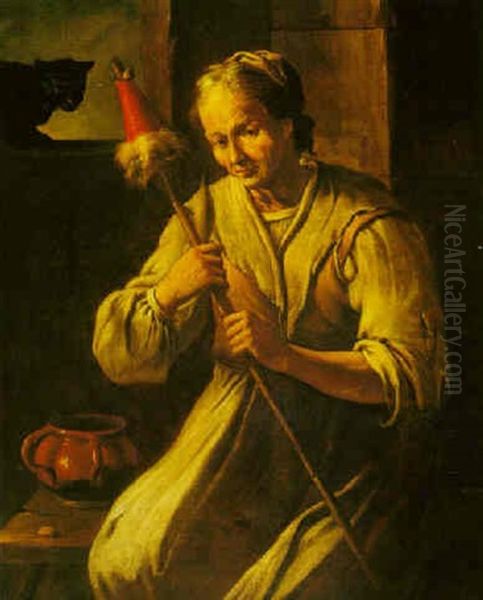 A Seated Old Woman Holding A Distaff, With A Black Cat On A Window Ledge Beyond Oil Painting by Antonio Cifrondi