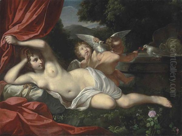 Venus Reclining With A Putto And An Infant Playing With Doves, An Italianate Landscape Beyond Oil Painting by Carlo Cignani