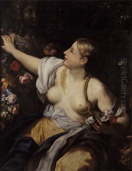 Jeune Femme Decorant De Fleurs Une Statue De Jeune Homme Oil Painting by Carlo Cignani