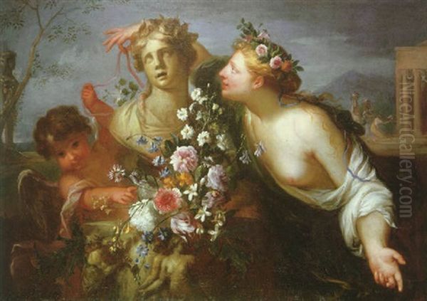 A Muse With A Putto Presenting Flowers To A Bust Of The Goddess Flora Oil Painting by Carlo Cignani