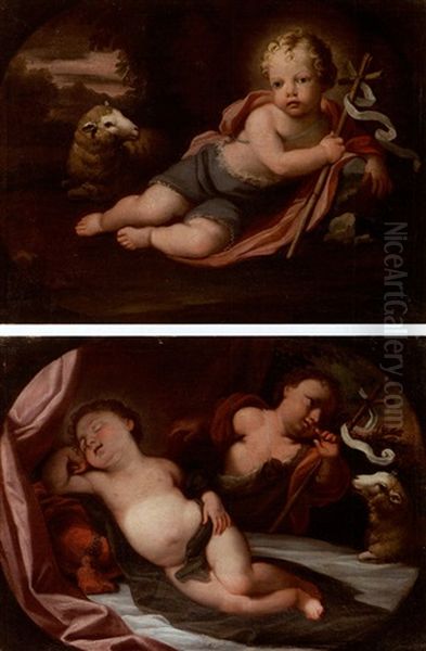 Saint Jean Baptiste Enfant (+ L'enfant Jesus Dormant Veille Par Saint Jean Baptiste; Pair) Oil Painting by Felice Cignani