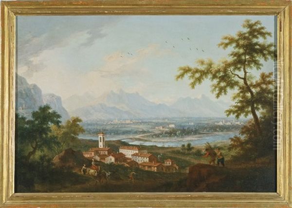 Veduta Di Robassomero (torino) Con La Stura Di Lanzo Nello Sfondo Oil Painting by Angelo Antonio Cignaroli