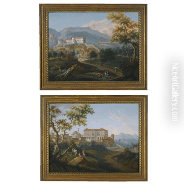 Landscapes Depicting Sabaudi Castles (pair) Oil Painting by Angelo Antonio Cignaroli