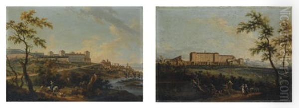 Veduta Del Castello Di Mirafiori Dalla Parte Di Stupinigi Con Parata Militare (+ Veduta Del Castello Reale A Moncalieri Con Viandanti; 2 Works) Oil Painting by Angelo Antonio Cignaroli