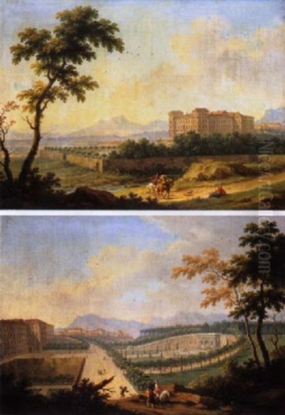 Veduta Del Castello Di Moncalieri Con Viandanti Oil Painting by Angelo Antonio Cignaroli