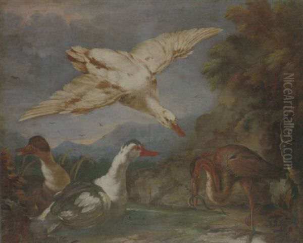 A River Landscape With Ducks And A Heron Eating An Eel Oil Painting by Pietro Cignaroli