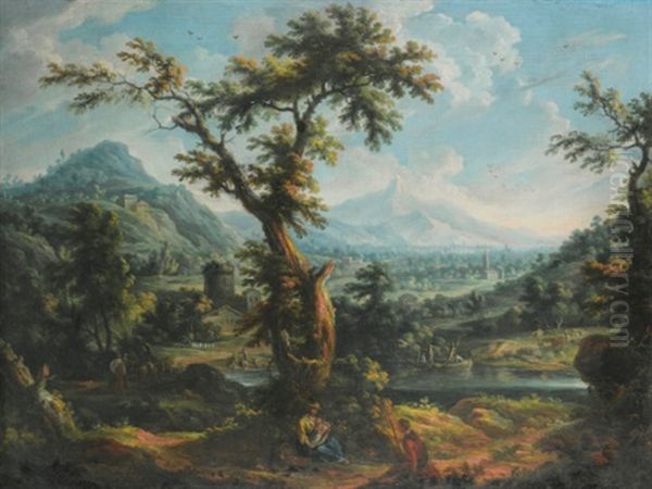 A View Of The Susa Valley, Piedmont, With A Shepherd And A Mother And Child In The Foreground, Other Figures In A Boat And On The Bank Of A River Beyond Oil Painting by Scipione Cignaroli