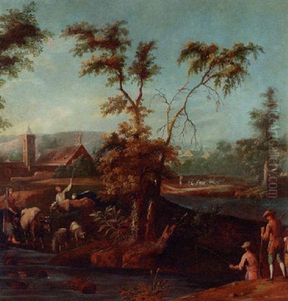 A River Landscape With Fishermen And Drovers, A Town Beyond Oil Painting by Scipione Cignaroli