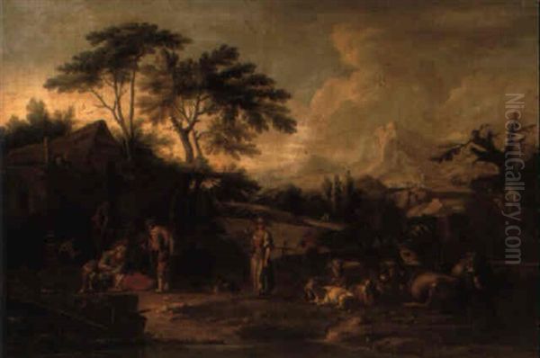 A Roman Landscape With Travellers And Their Livestock Resting At A Ford Oil Painting by Scipione Cignaroli