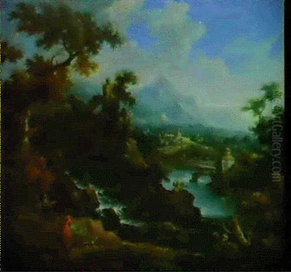 Paesaggio Con Un Pittore Che Disegna La Veduta Fluviale Oil Painting by Scipione Cignaroli