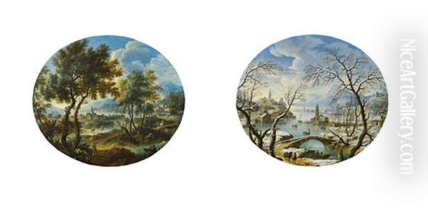 Pendants - Sommerliche Fluslandschaft Und Winterliche Fluslandschaft (pair) Oil Painting by Vittorio Amadeo Cignaroli