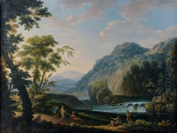 Paysage A La Cascade Anime De Personnages, Moulin Au Bord D'une Riviere Animee De Pecheurs Et De Lavandieres (pair) Oil Painting by Vittorio Amadeo Cignaroli