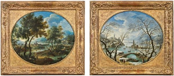 Pendants - Sommerliche Fluslandschaft Und Winterliche Fluslandschaft (pair) Oil Painting by Vittorio Amadeo Cignaroli