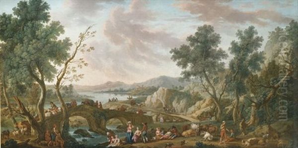 Weite Flusslandschaft Mit Hirten, Wascherinnen Und Reisenden by Vittorio Amadeo Cignaroli