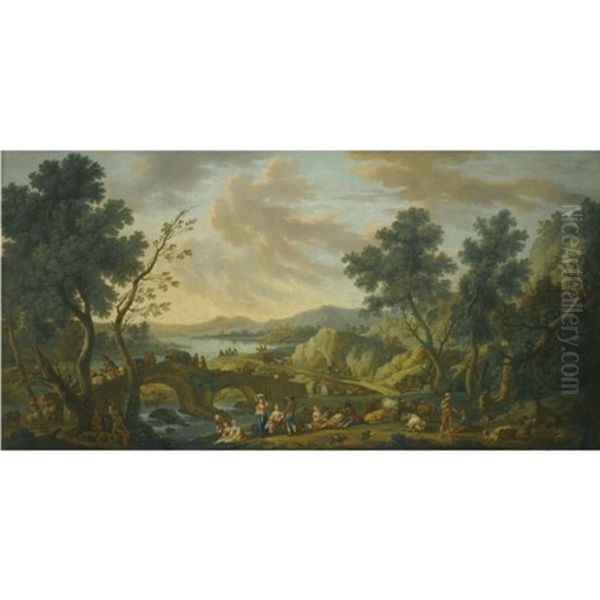 A Rocky Landscape With Peasants And Their Herd Beside The River Oil Painting by Vittorio Amadeo Cignaroli