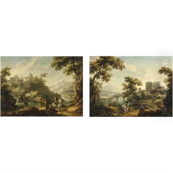 Paesaggio Con Cavaliere Su Cavallo Bianco Presso Un Fiume (+ Paesaggio Con Rovine Antiche E Una Dama; Pair) Oil Painting by Vittorio Amadeo Cignaroli