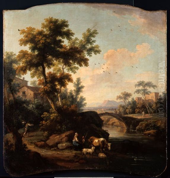 Paesaggio Fluviale Con Pastori, Armenti E Ponte Di Pietra In Lontananza Oil Painting by Vittorio Amadeo Cignaroli