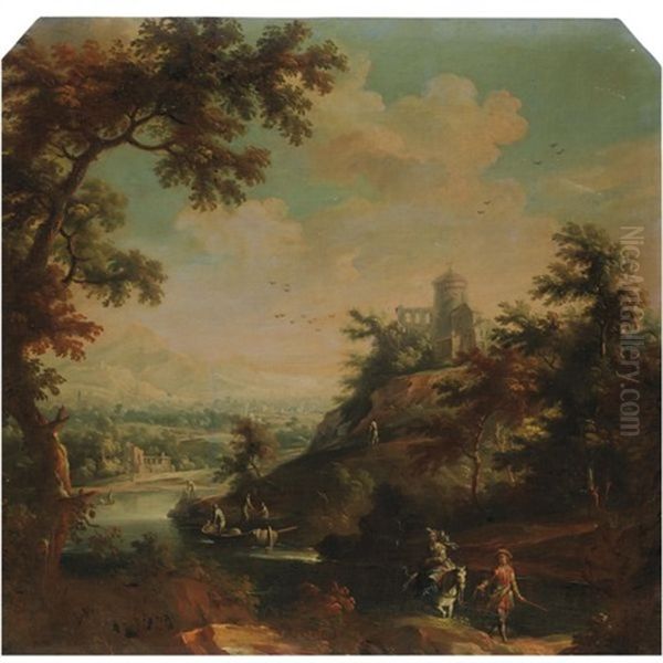 Paesaggio Con Viandanti Lungo Un Fiume, Un Edificio Turrito Sulla Rocca Oil Painting by Vittorio Amadeo Cignaroli