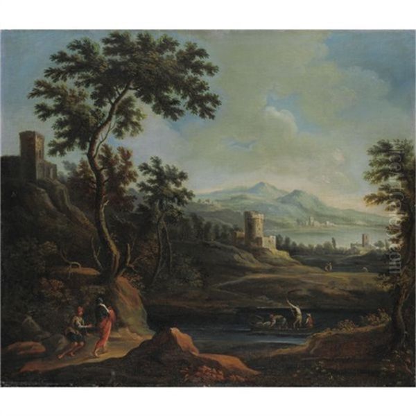 Paesaggio Fluviale Con Figure Sulla Riva, Un'imbarcazione E Un Edificio A Torre Oil Painting by Vittorio Amadeo Cignaroli