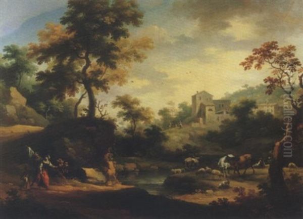 Due Cavalieri Presso Un Fiume Con Un Ponte Turrito Ed Un Edificio Circolare Sullo Sfondo Oil Painting by Vittorio Amadeo Cignaroli