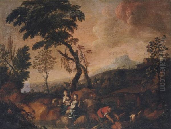 A Pastoral Landscape With A Shepherdess Seated Beside Cattle And Her Flock And A Girl Carrying Flowers, And A Riverside Town Beyond Oil Painting by Vittorio Amadeo Cignaroli