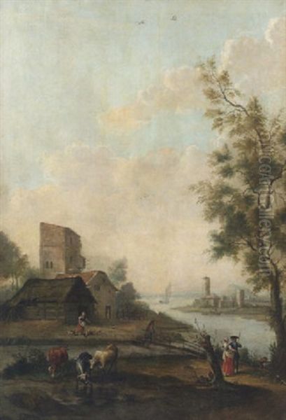 Paesaggio Fluviale Con Torrione, Viandanti E Armenti Oil Painting by Vittorio Amadeo Cignaroli