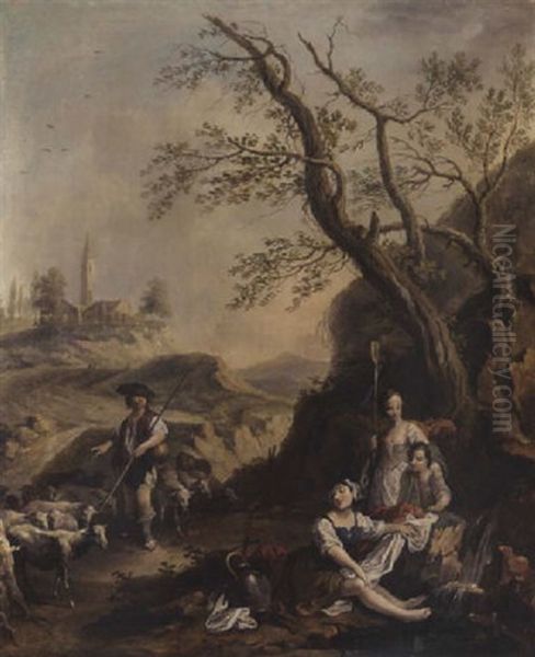 A Hilly Landscape With A Shepherd And His Flock On His Path With Three Shepherdesses Resting By A Stream Oil Painting by Vittorio Amadeo Cignaroli