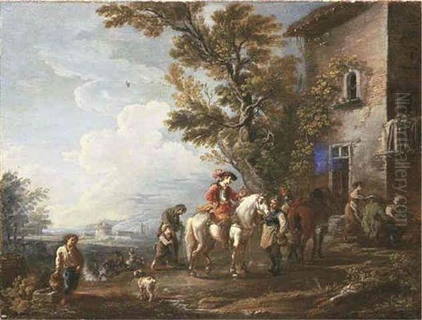 An Italian Landscape With Horsemen Halting At An Inn Oil Painting by Vittorio Amadeo Cignaroli