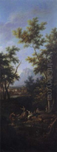 Paesaggio Fluviale Con Contadini Che Pescano Ed Un Borgo Rustico In Lontananza Oil Painting by Vittorio Amadeo Cignaroli