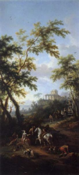 Sosta Di Cacciatori E Compagnia Galante Su Cavallo In Un Paesaggio Con Rovine Sullo Sfondo Oil Painting by Vittorio Amadeo Cignaroli