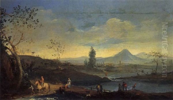 Paesaggio Fluviale Con Pescatori E Viandanti Oil Painting by Vittorio Amadeo Cignaroli