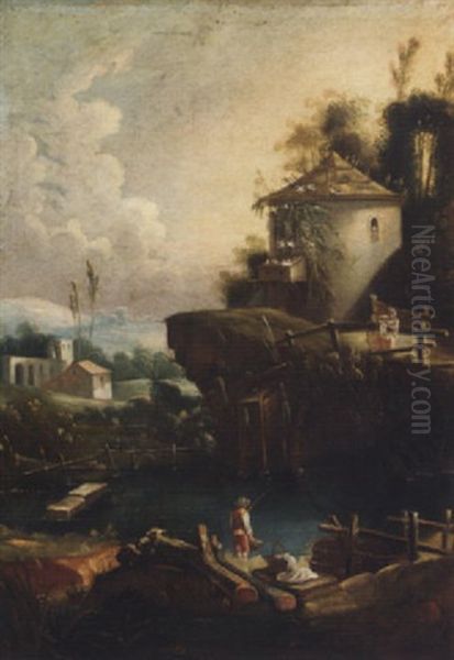 A River Landscape With A Boy Fishing, A Dovecote On A Rise Beyond Oil Painting by Vittorio Amadeo Cignaroli