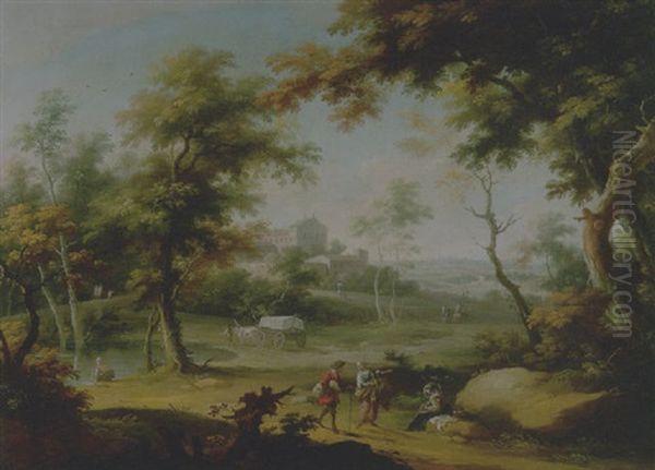 Paesaggio Agreste Con Un Borgo In Lontananza, Un Laghetto E Astanti In Primo Piano Oil Painting by Vittorio Amadeo Cignaroli