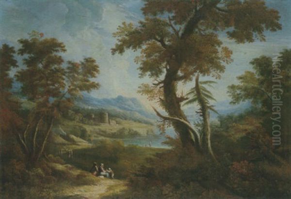 A Mountainous Landscape With Figures Resting Near A Village, Overlooking A River Oil Painting by Vittorio Amadeo Cignaroli