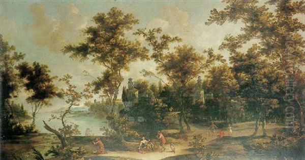 Extensive Landscape With Peasants And Animals Near A Lake Oil Painting by Vittorio Amadeo Cignaroli