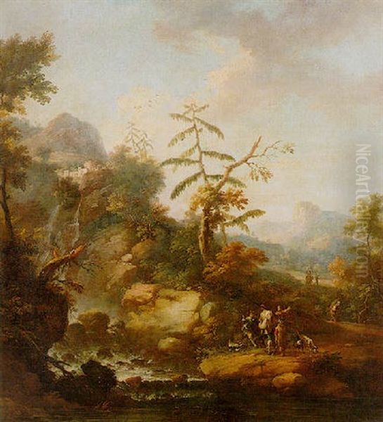 A Wooded Landscape With Huntsmen And Their Dogs Resting During A Hunt, Travellers Beyond Oil Painting by Vittorio Amadeo Cignaroli